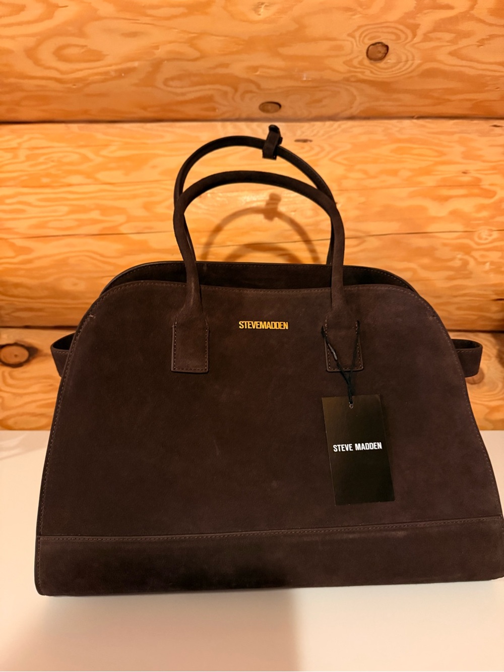 Steve Madden Dark Brown Suede Satchel with Gold Logo